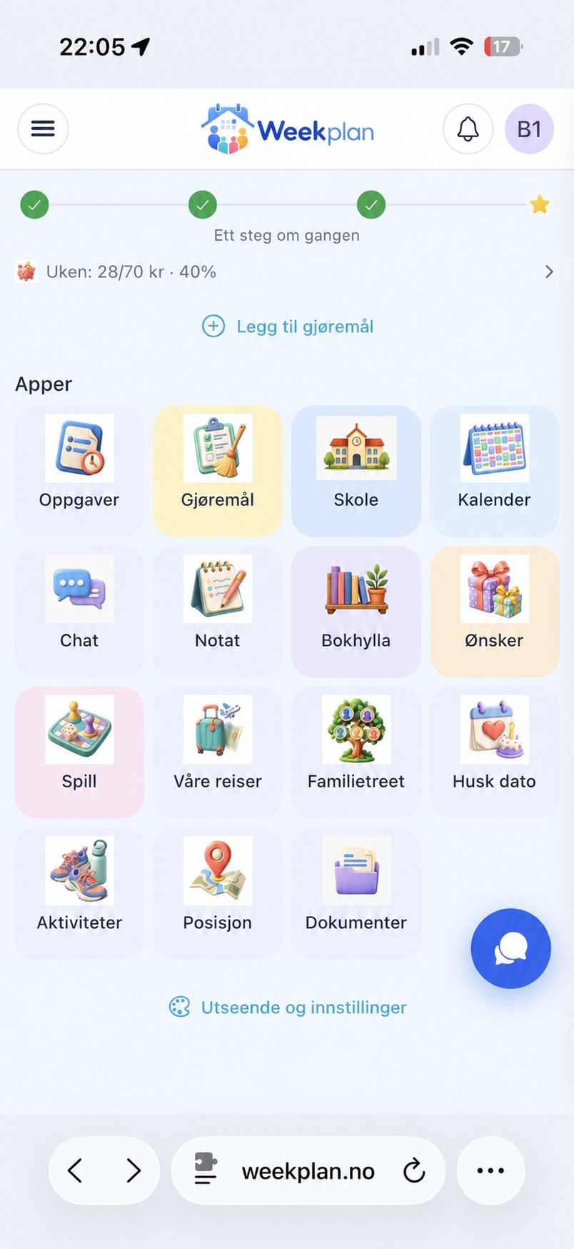 Barnets tilpassede appoversikt i Weekplan