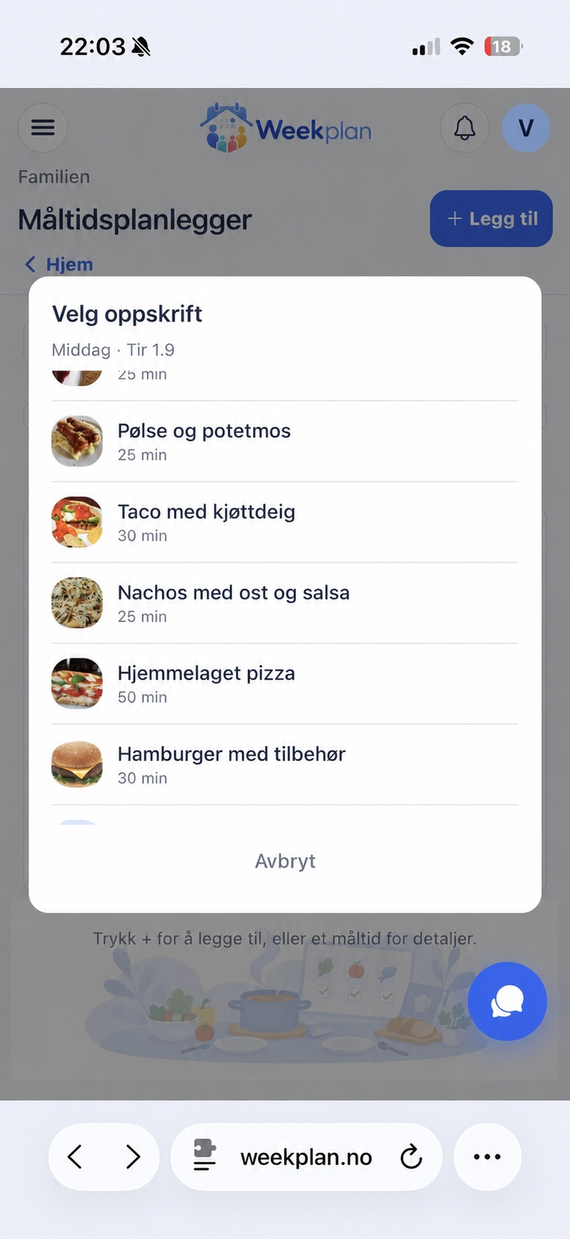 Valg av middagsoppskrift i Weekplan