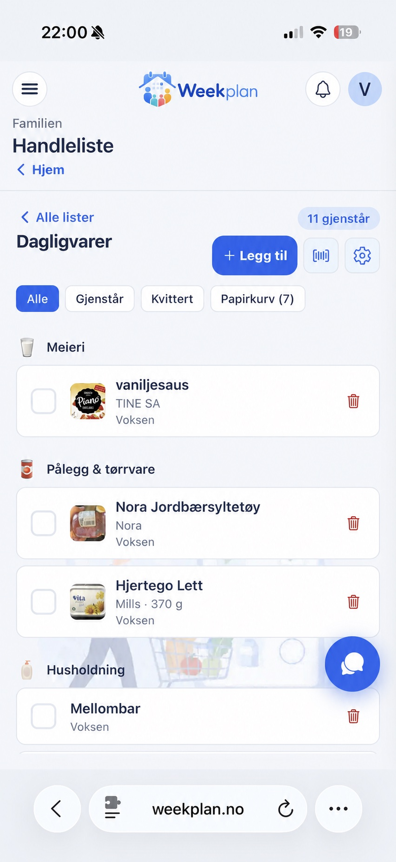 Familiens felles handleliste i Weekplan