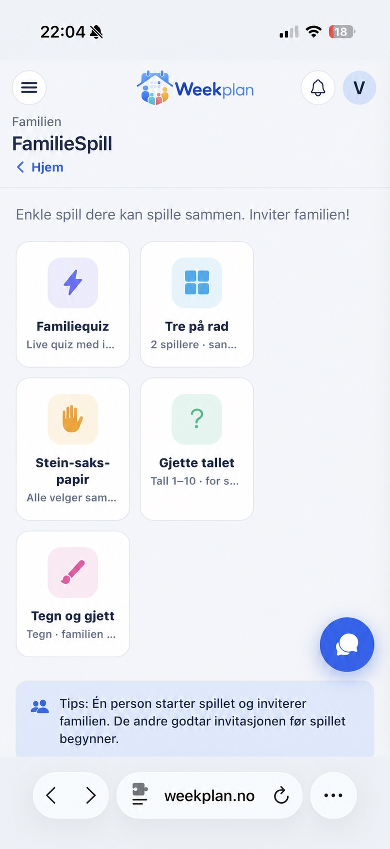 Oversikt over familiespill i Weekplan