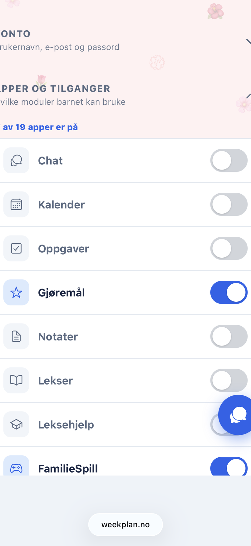 Foreldrestyring av apper og tilganger i Weekplan