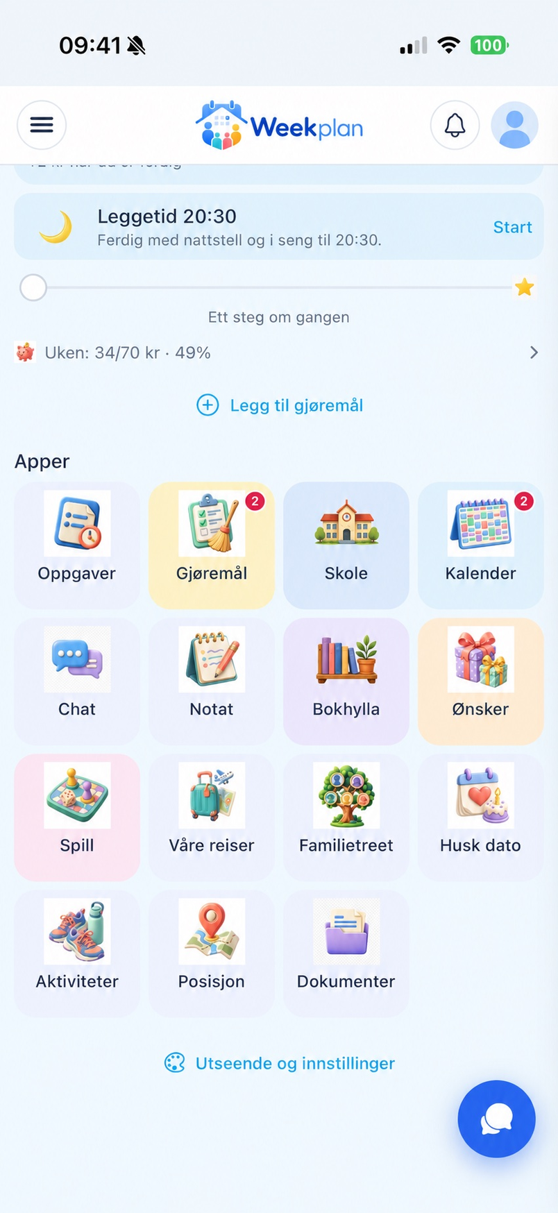 Barnets personlige appoversikt med valgte funksjoner i Weekplan